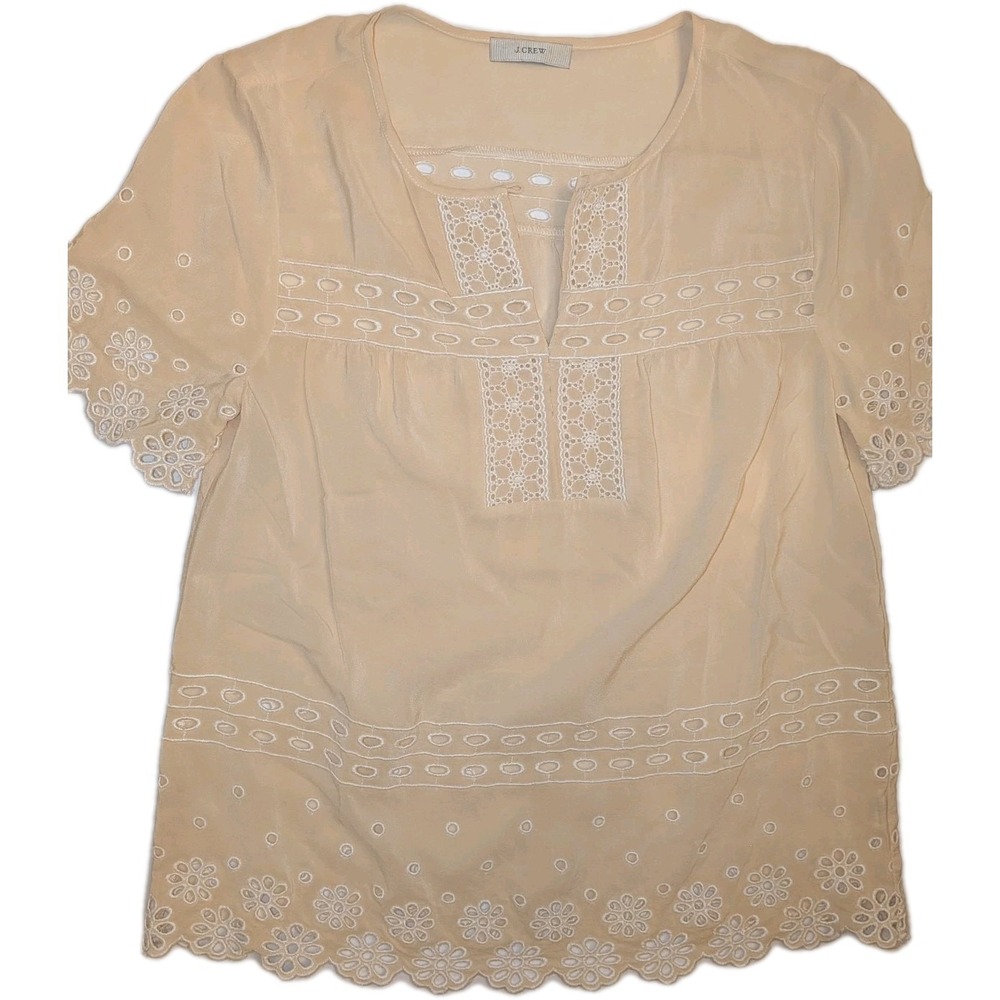 J Crew 100% Silk Cream Eyelet BOHO Popover Tunic Top Shirt Blouse S Beachy Euro